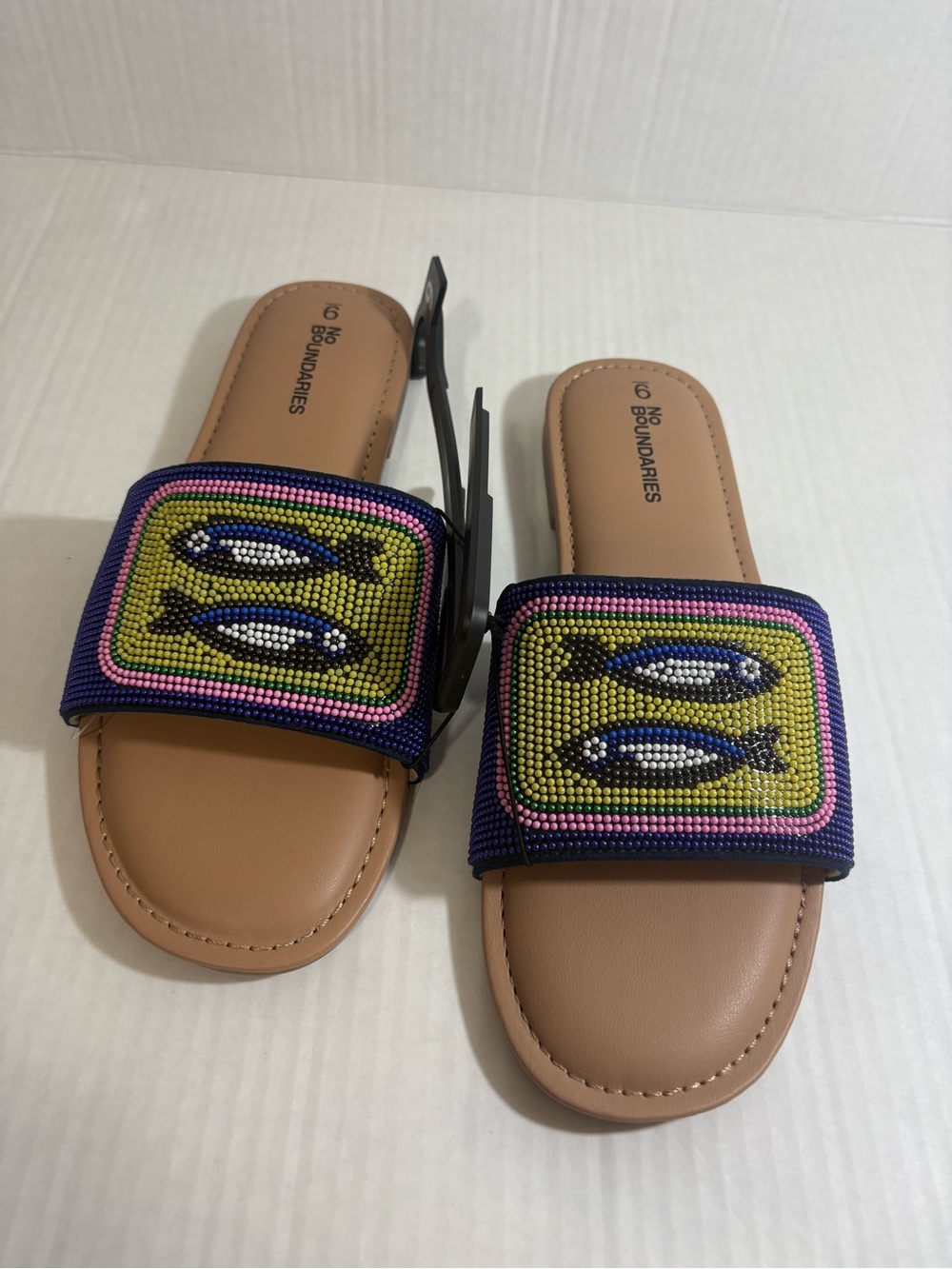 No Boundaries Women’s Tan Slide Sandals with Multicolor Bead Fish Accent